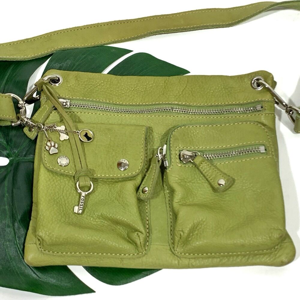 Fossil Leather Green Pebble Adjustable Strap Purse With Charms Women’s